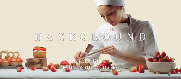 PSD female chef is making cake using strawberries