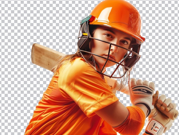 PSD female cricket player in orange outfit png