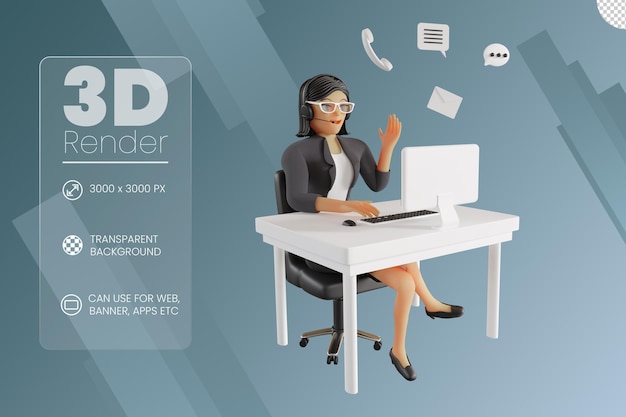 Female customer support working at desk 3d illustration