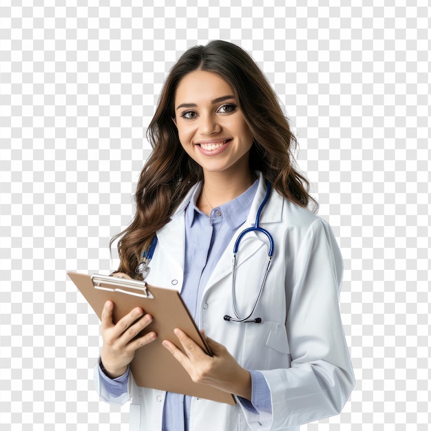 female doctor holding clipboard smiling on transparency background PSD