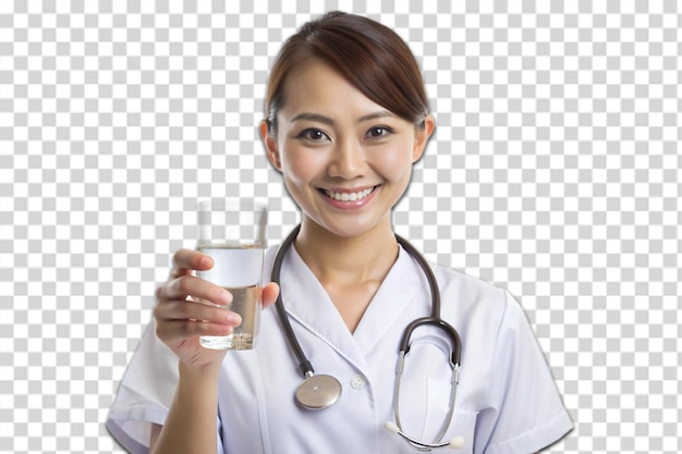 PSD a female doctor holding a glass of water with a smile on her face