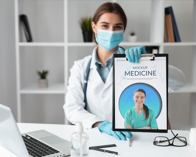 PSD female doctor holding a mock-up clipboard