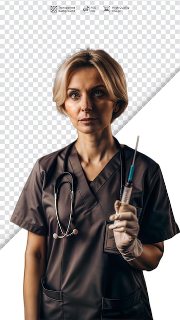 PSD female doctor holding syringe stethoscope medical profession