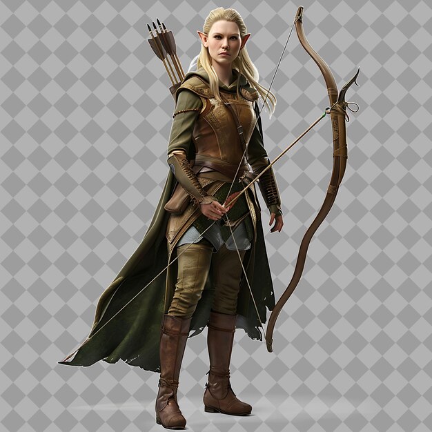 PSD female elf legolas style archer with slender form leather ar isolated high quality character render