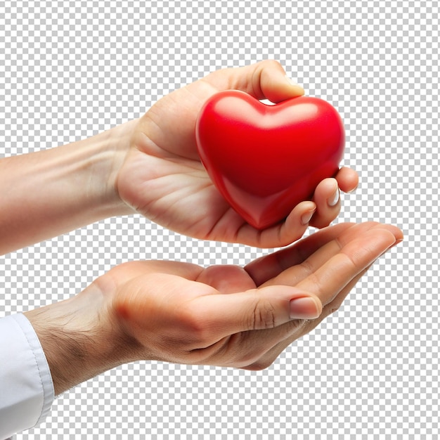 PSD female hand give red heart to male hand on space