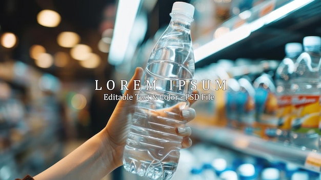 female hand holding a bottle of water or mineral water in grocery store