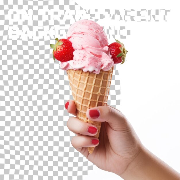 PSD female hand holding strawberry ice cream cone isolated on transparent background