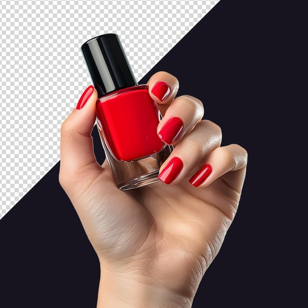 PSD female hand with red nail polish bottle png isolated on transparent background