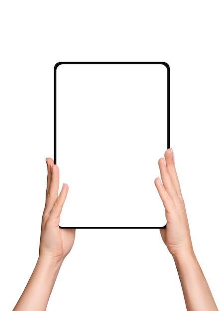 Female hands holding tablet with blank screen on empty background