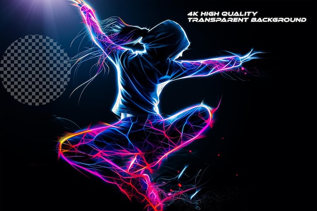 Female hiphop dancer jump in the dark fractal on transparent background