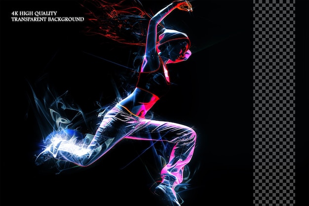 Female hiphop dancer jump in the dark fractal on transparent background