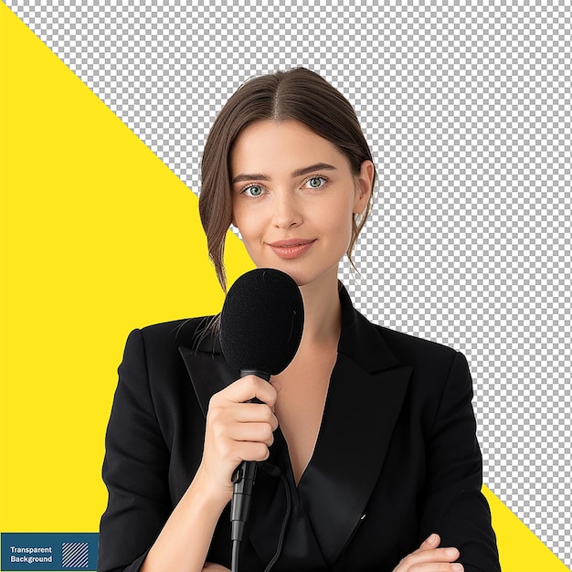 Female Journalist with Microphone Photo on Transparent Background PNG PSD