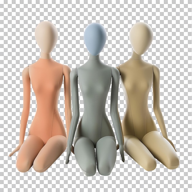 PSD female mannequins set performed in three colors on transparent background generated ai