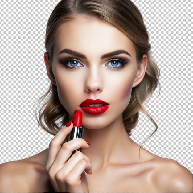 PSD female model advertising lipstick isolated on transparent background