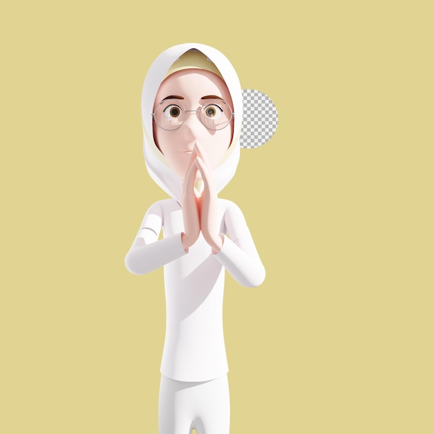 Female nurse character illustration wearing hijab 3d standing respectfully raising hands