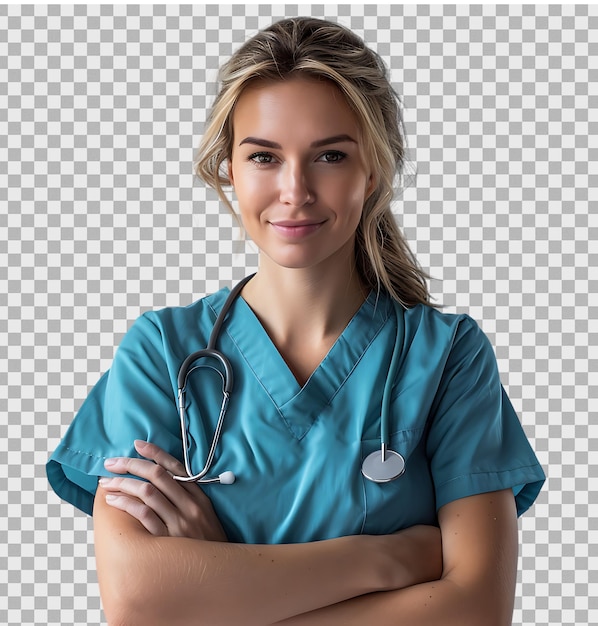 PSD female nurse crossed arms on isolated transparent background