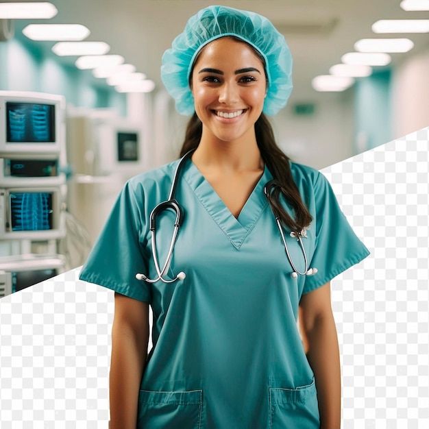 PSD a female nurse stands in front of a monitor with a stethoscope on it