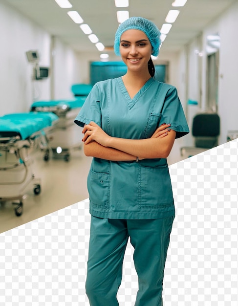 PSD a female nurse stands in a hospital corridor with a pen in her hand