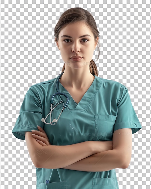 PSD female nurse with crossed arms isolated on a transparent background