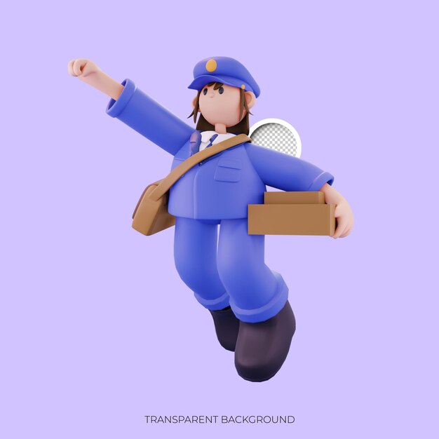 female postal worker carrying parcel box flying pose from right