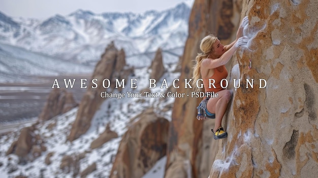 PSD female rock climber scaling a mountain