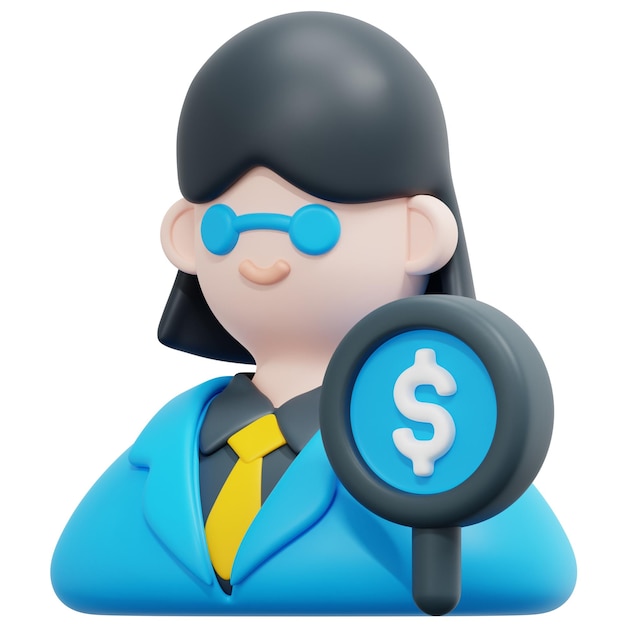 A female scientist figure with a magnifying glass and a dollar sign.