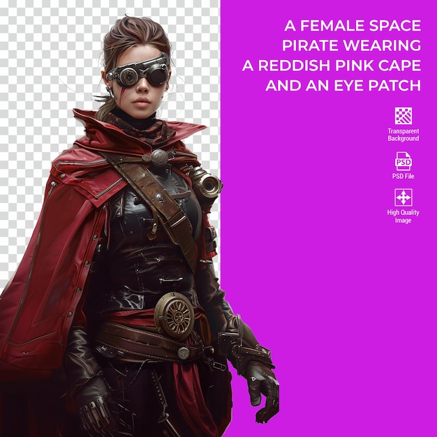 PSD female space pirate wearing a reddish pink cape and an eye patch isolated on transparent background