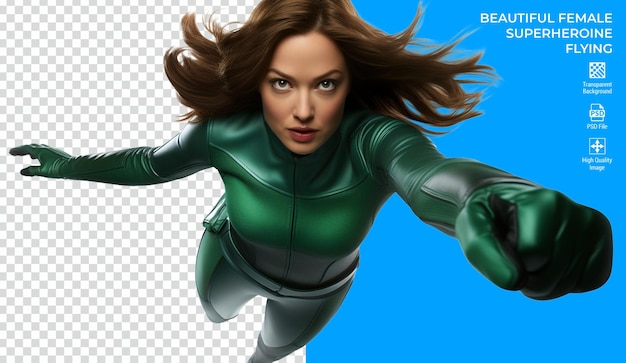 PSD female superheroine flying forward with her arms isolated on transparent background psd