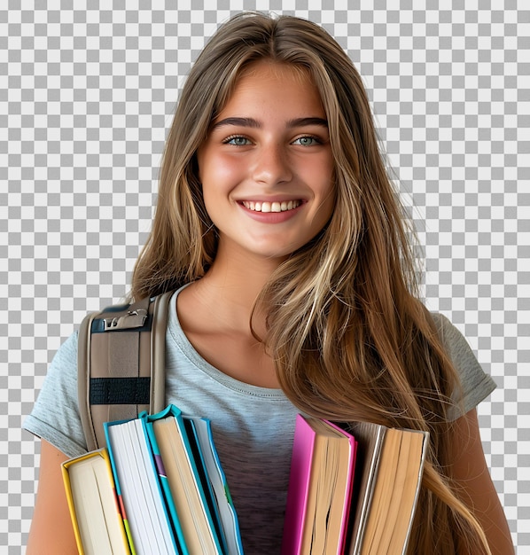 PSD female teen student with a backpack and books smiling on isolated transparent background