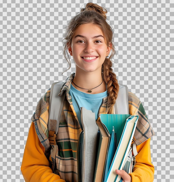 PSD female teen student with a backpack and books smiling on isolated transparent background