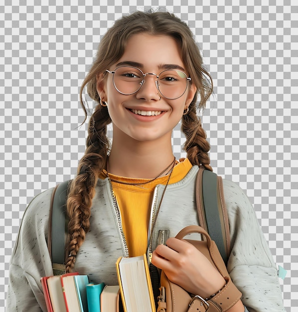 PSD female teen student with a backpack and books smiling on isolated transparent background