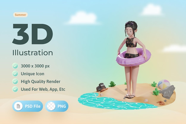 Female with floating balloon summer 3d Illustration