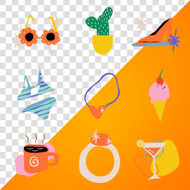 PSD feminine doodle sticker png transparent colorful retro illustration set