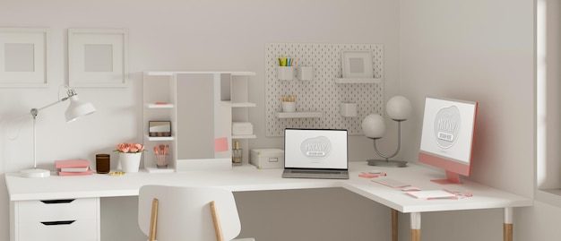 Feminine working space with computer laptop supplies stationery and decorations 3D rendering