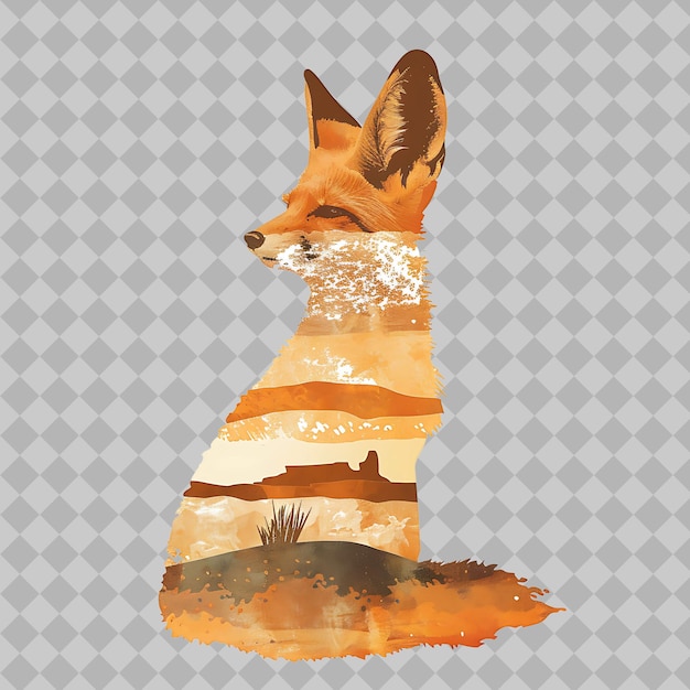 PSD fennec fox inside a silhouette rectangle desert adorned with png watercolor wild life collections