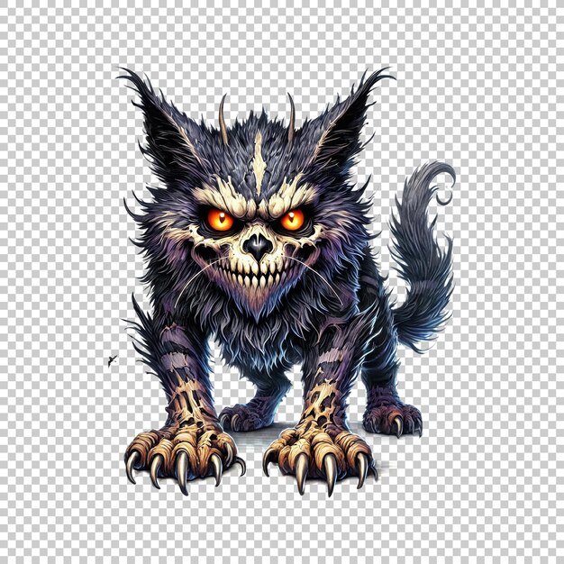 PSD ferocious gothic cat with glowing eyes and sharp claws isolated on transparent background