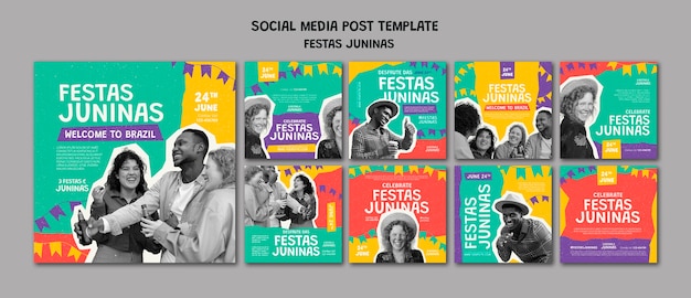 PSD festas juninas instagram posts collection in paper cut-out style