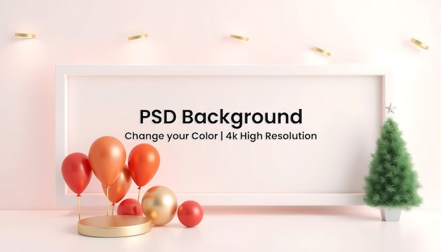 PSD festive christmas decor with a golden podium balloons and a miniature christmas tree