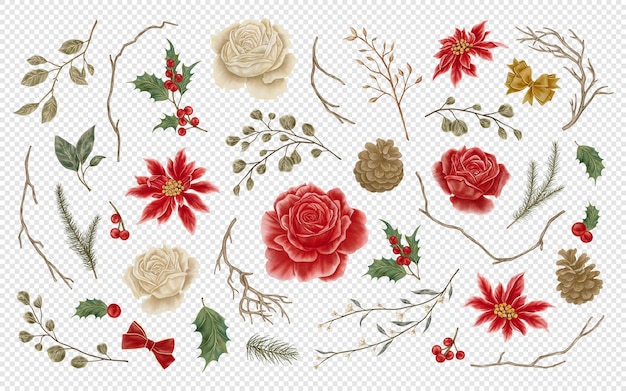 PSD festive christmas flowers red white rose poinsettia flower christmas foliage elements