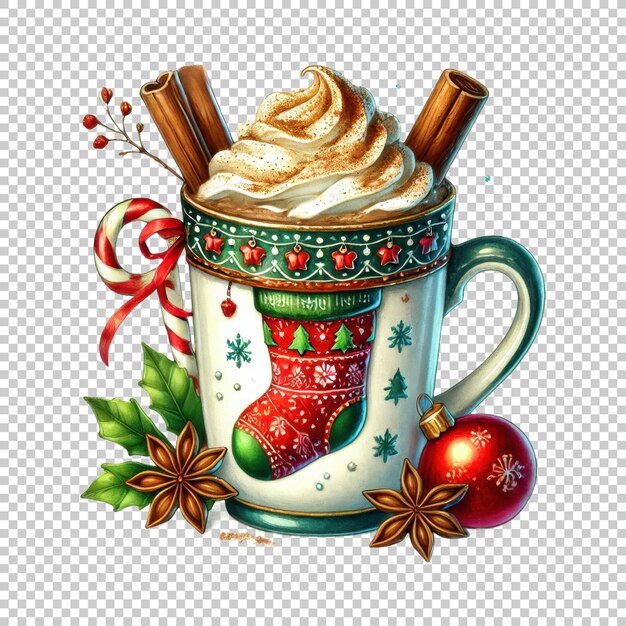 PSD festive christmas hot chocolate with cinnamon sticks isolated on transparent background