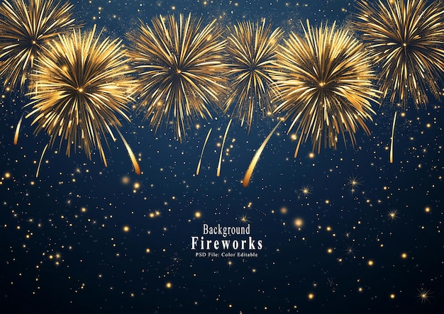 PSD festive yellow fireworks on a dark background with space for copy depicting a new year celebration