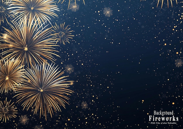 PSD festive yellow fireworks on a dark background with space for copy depicting a new year celebration