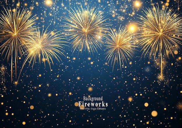 Festive yellow fireworks on a dark background with space for copy depicting a New Year celebration