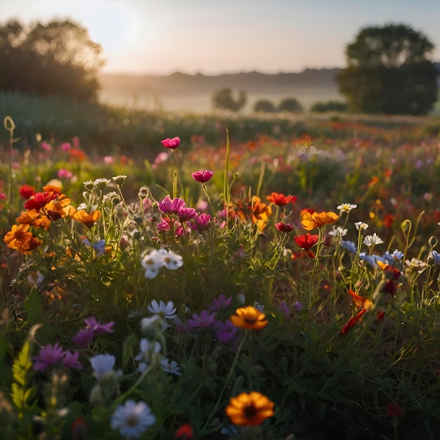 Field of colorful wildflowers in the morning