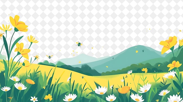 a field of daisies and a mountain in the background