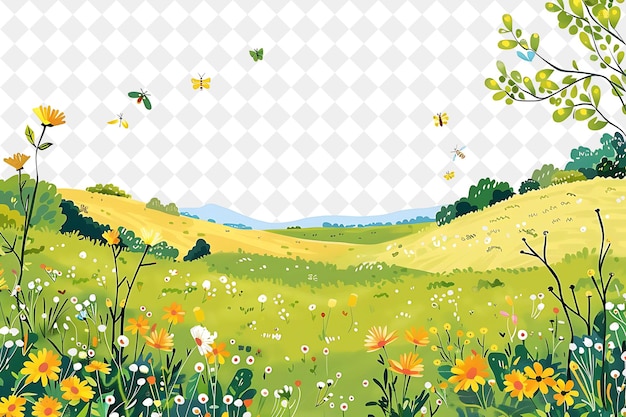 a field of flowers with butterflies and butterflies