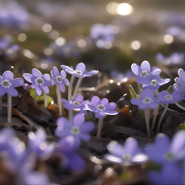 Field of Hepatica Americana flowers Wildflower illustration