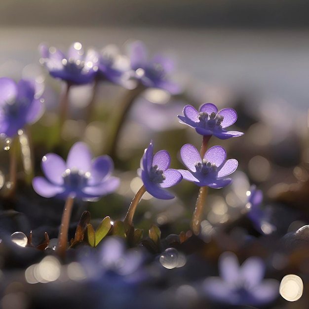 Field of Hepatica Americana flowers Wildflower illustration