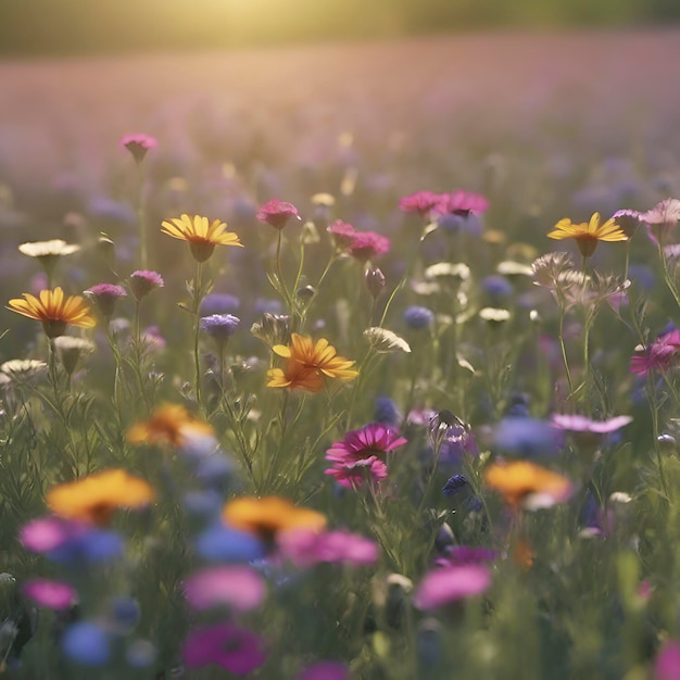 Field of pastel wildflowers with morning sunlight