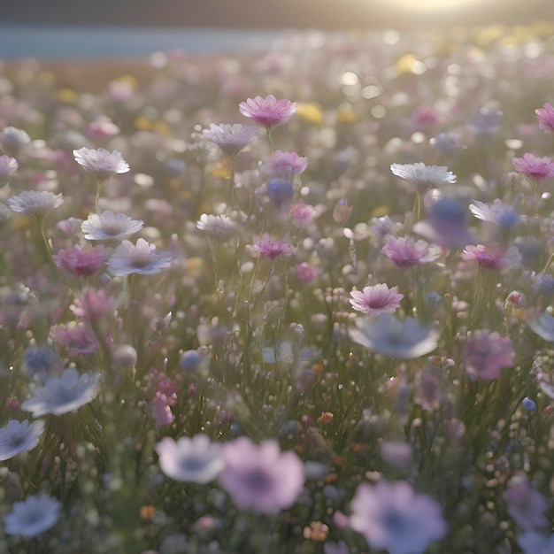 Field of pastel wildflowers with morning sunlight